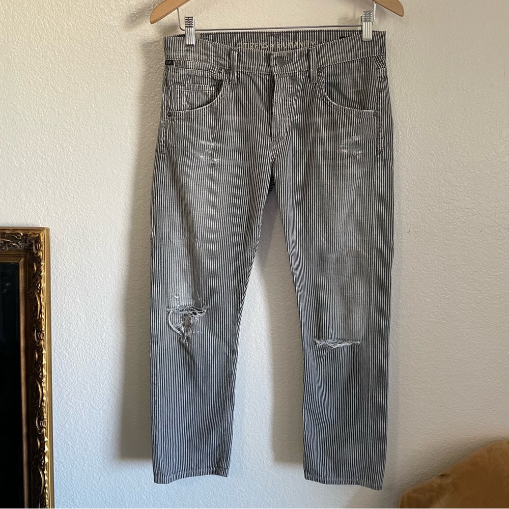 Citizens of Humanity Pinstripe Dylan Boyfriend Distressed Jeans Ankle Crop Grey